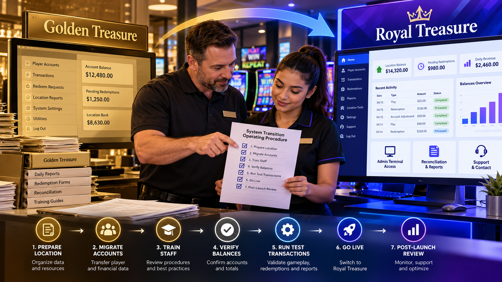 Golden Treasure to Royal Treasure: Key steps for managing gaming system transitions, account balances and staff training