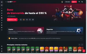 Lo que siento al usar el rediseño de BetFury Página de inicio en escritorio, versión en español, con encabezado delgado, barra lateral de íconos y botón rojo plano, el 7